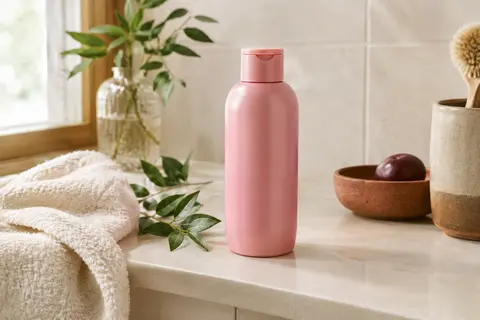 Flacon rose de shampoing UniqOne Curls posé sur une tablette en céramique dans une salle de bain lumineuse.