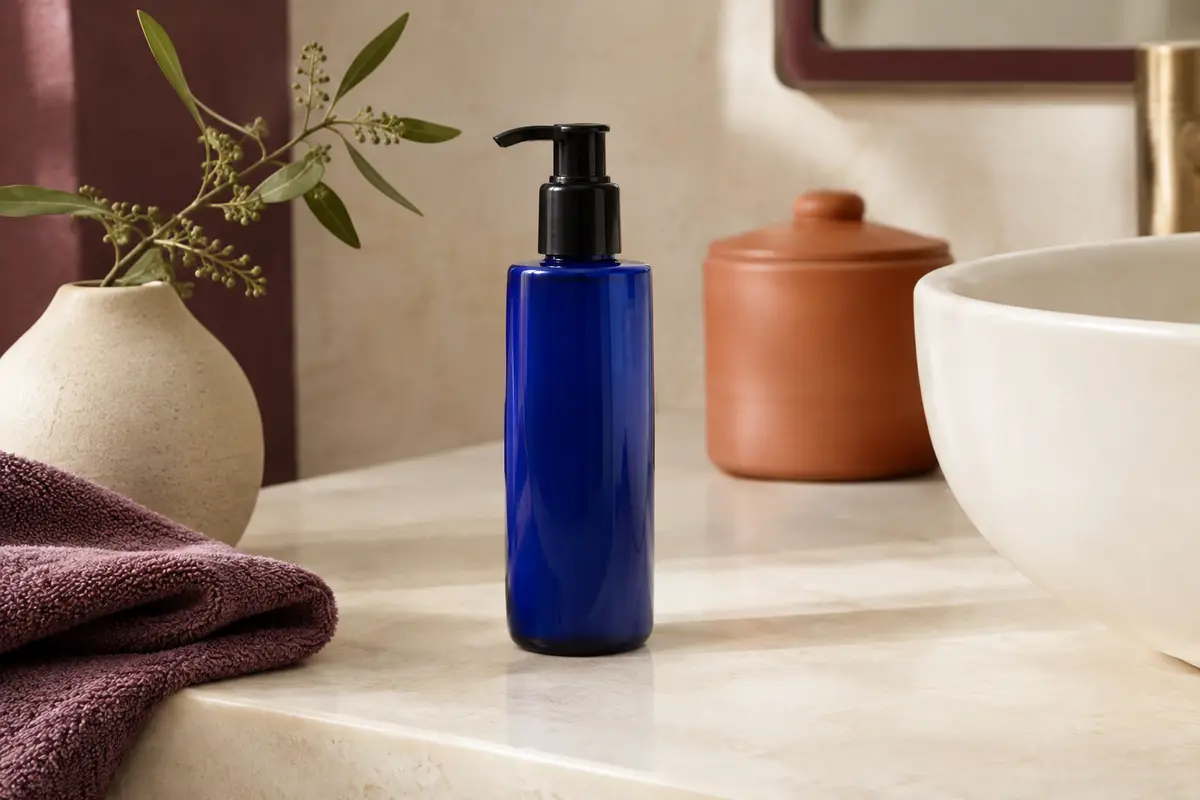 Soin activateur de boucles bleu posé dans une salle de bain claire aux accents prune et terre cuite