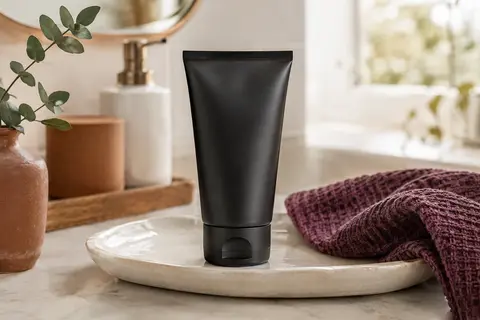 Crème coiffante noire pour boucles posée sur un plateau en céramique dans une salle de bain lumineuse