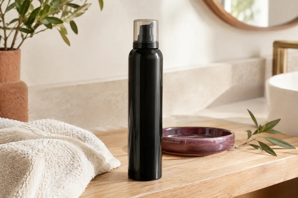 Flacon noir de mousse coiffante posé sur un rebord en bois dans une salle de bain aux tons ivoire et prune.