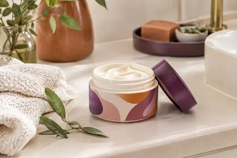 Masque capillaire en crème dans un contenant multicolore, posé sur une tablette ivoire avec des feuilles botaniques.