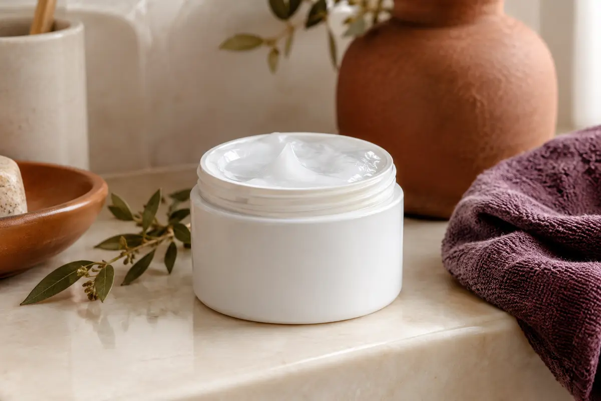 Pot blanc de gel coiffant posé dans une salle de bain lumineuse aux tons ivoire et terre cuite