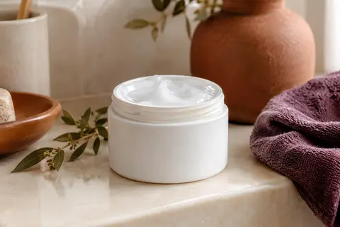 Pot blanc de gel coiffant posé dans une salle de bain lumineuse aux tons ivoire et terre cuite
