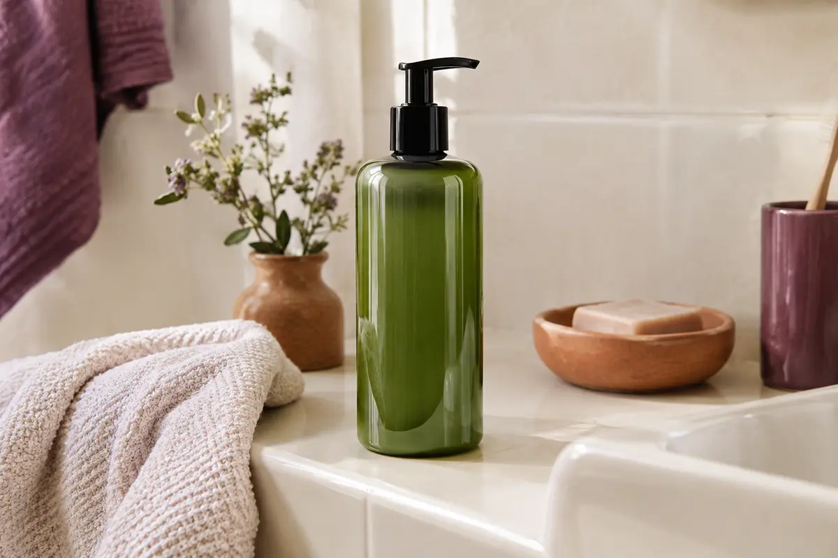 Flacon vert d’après-shampoing pour cheveux bouclés posé sur une surface en céramique ivoire.