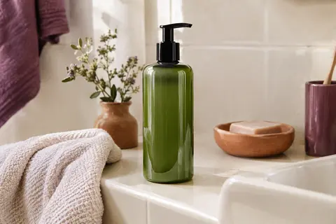 Flacon vert d’après-shampoing pour cheveux bouclés posé sur une surface en céramique ivoire.