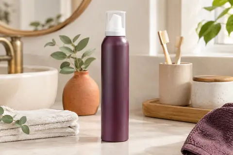Flacon de mousse coiffante pour boucles posé dans une salle de bain lumineuse aux tons ivoire et terre cuite.