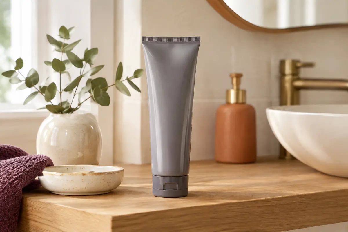 Contenant gris de gel-crème Wella Eimi Nutricurls Curl Shaper posé dans une salle de bain claire.