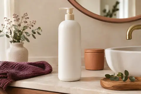 Flacon grand format d’après-shampoing démêlant posé dans une salle de bain lumineuse aux tons ivoire et terre cuite