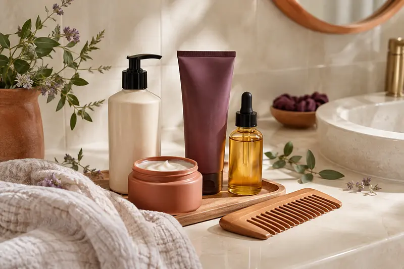 Produits de soin pour cheveux bouclés présentés dans un espace lumineux aux matières naturelles.
