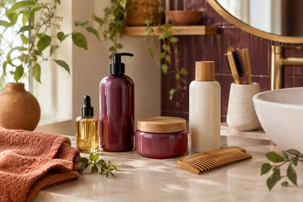 Soins capillaires et accessoires pour cheveux bouclés réunis dans une salle de bain lumineuse.